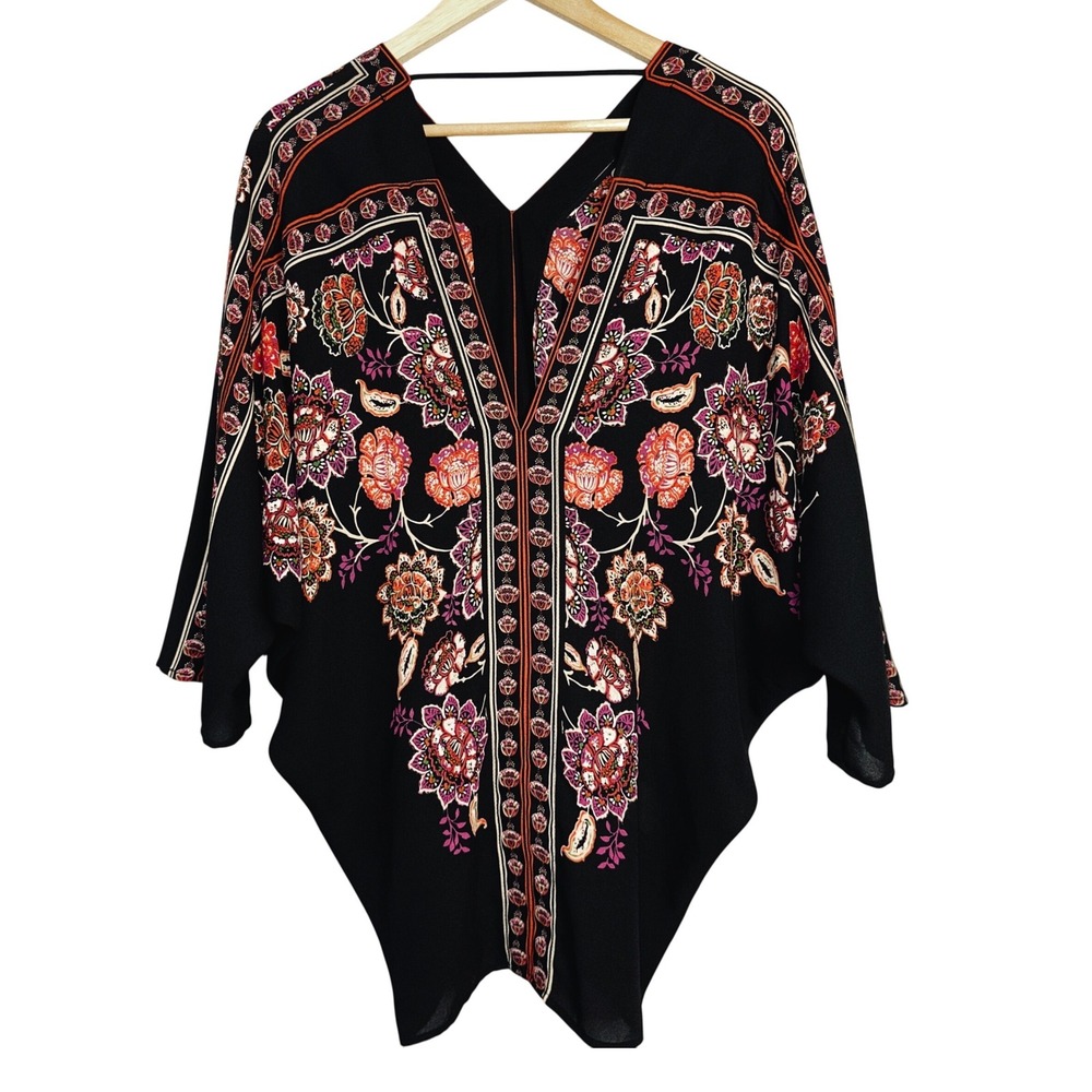 Rose + Olive Black Floral Boho Medallion Batwing Sleeve V-Neck Top Large